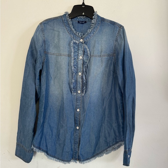 Splendid Womens Chambray Frayed Edge Button Down Top, Size Medium - Picture 1 of 5